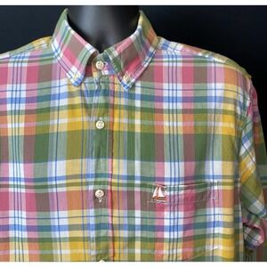 Kiel James Patrick Sailing Madras Shirt Mens XL Green Pink Plaid Button Down